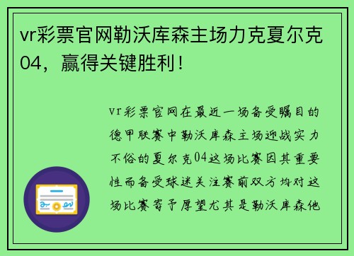 vr彩票官网勒沃库森主场力克夏尔克04，赢得关键胜利！